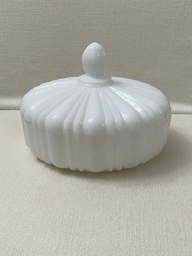 Vintage Milk Glass Lidded Candy Dish Old Cafe Pattern