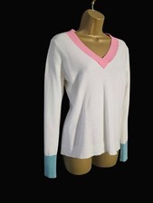 Boden 100% Kaschmir Pullover UK 12 Top Zustand Weiß Rosa Grün Tief V