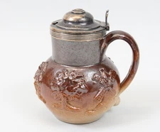 Antique 19th C Georgian Salt Glaze Stoneware Jug Mustard Pot Sterling Silver Lid
