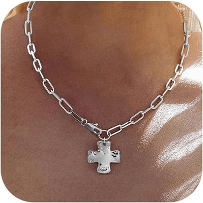 Chunky Cross Necklace for Women Trendy 14K Silver Layered Statement Cross