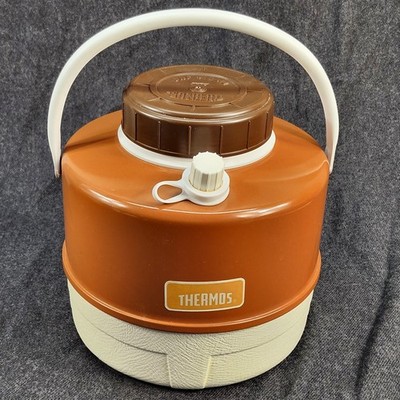 Vintage 70s Thermos Brown & Burnt Orange Water Jug With Cup Cooler Retro Picnic 