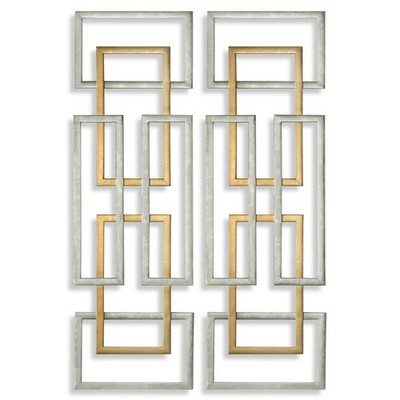 UTTERMOST 4145 AERIN GEOMETRIC ANTIQUED GOLD AND SILVER LEAF WALL ART SET OF 2