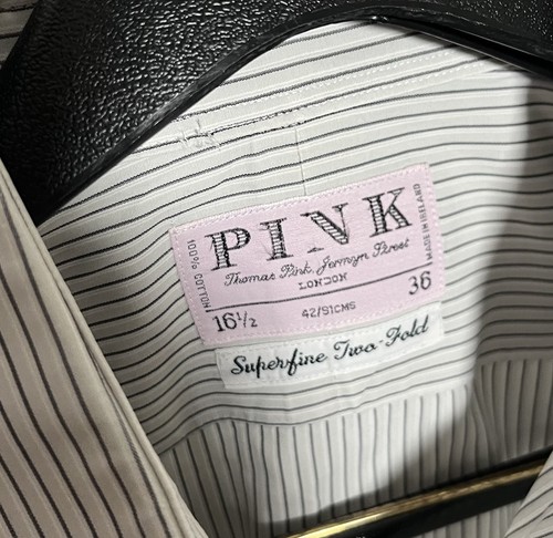 Thomas Pink Cotton Dress Shirt Mens 16.5-36 Striped Made in Ireland Barrel Cuffs - Picture 5 of 11