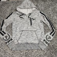 Victoria Secret PINK Logo Sequins Bling Zip up Hoodie Women s Sz XS Marled Gray
