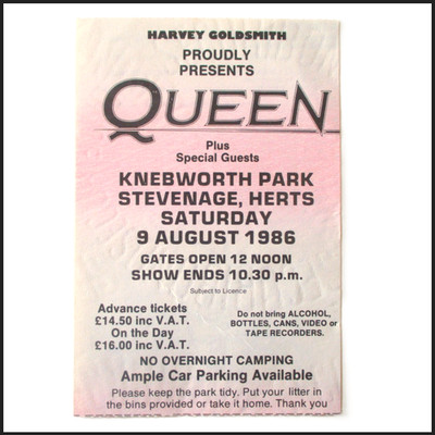 Queen Knebworth Park 1986 Ticket Stub Final Freddie Mercury Concert (Near Mint)