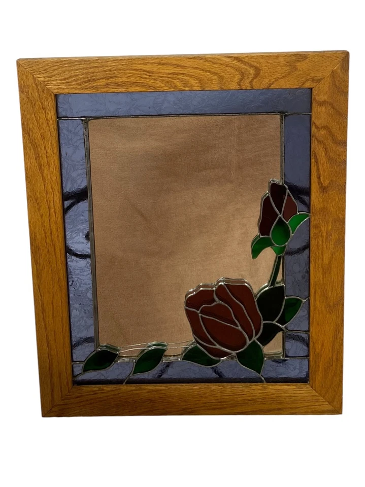 Hermoso Espejo de Vidrieras Hecho a Mano Rojo Rosa Verde Hojas Violeta Boarder Roble Foto 3 de 4