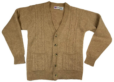 Royal Scott Cardigan Men M 100% Pure Shetland Wool Buttons V-Neck Pockets Camel