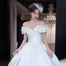 Wedding Dress Size 2-10 Off Shoulder Ball Gown White Satin Princess Train Corset