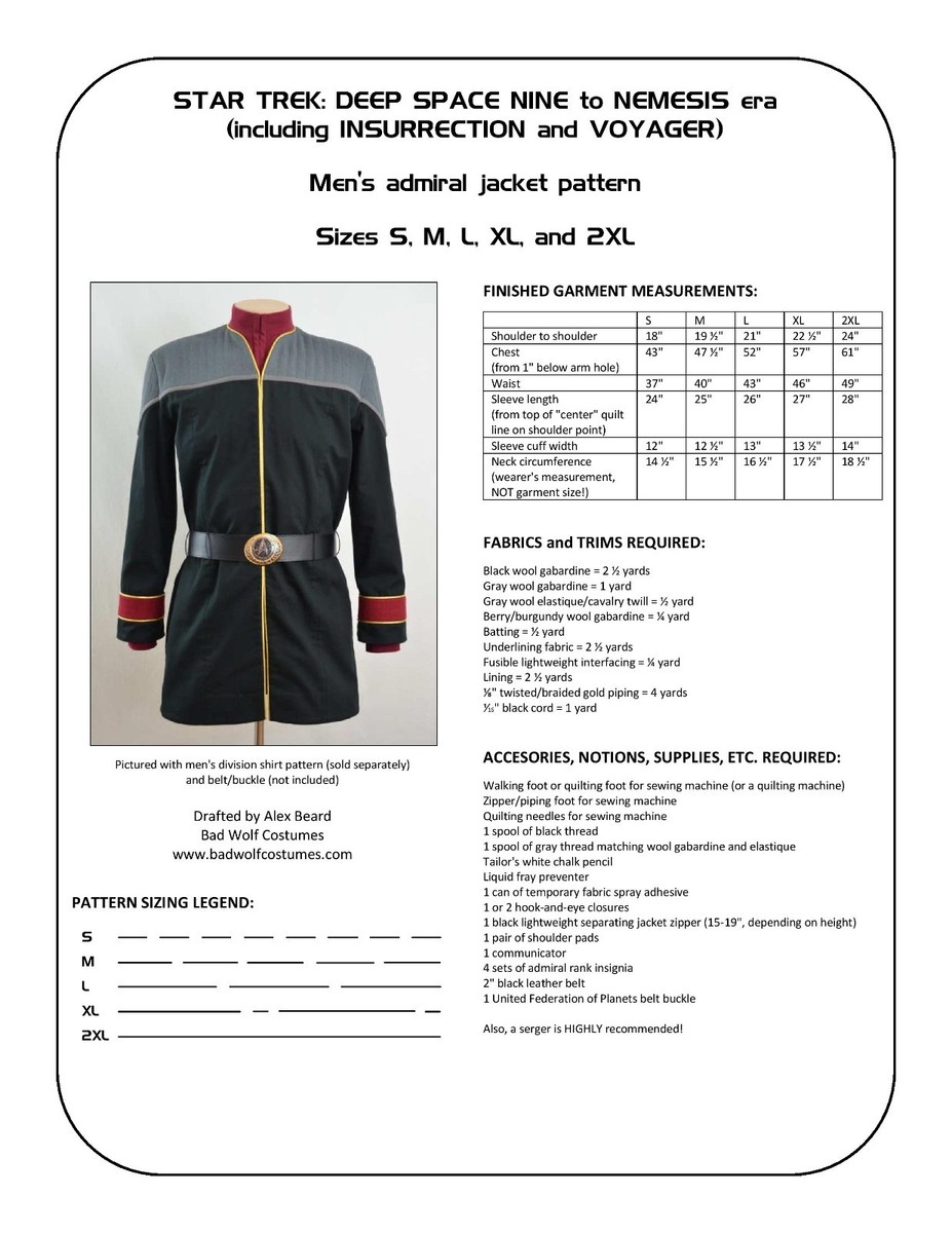 Star Trek Sewing Pattern - Starfleet admiral jacket - DS9, Nemesis