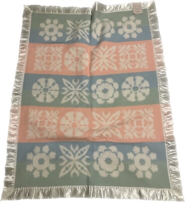 Vintage JcPenney Cotton Crib Baby Blanket Flowers White Satin