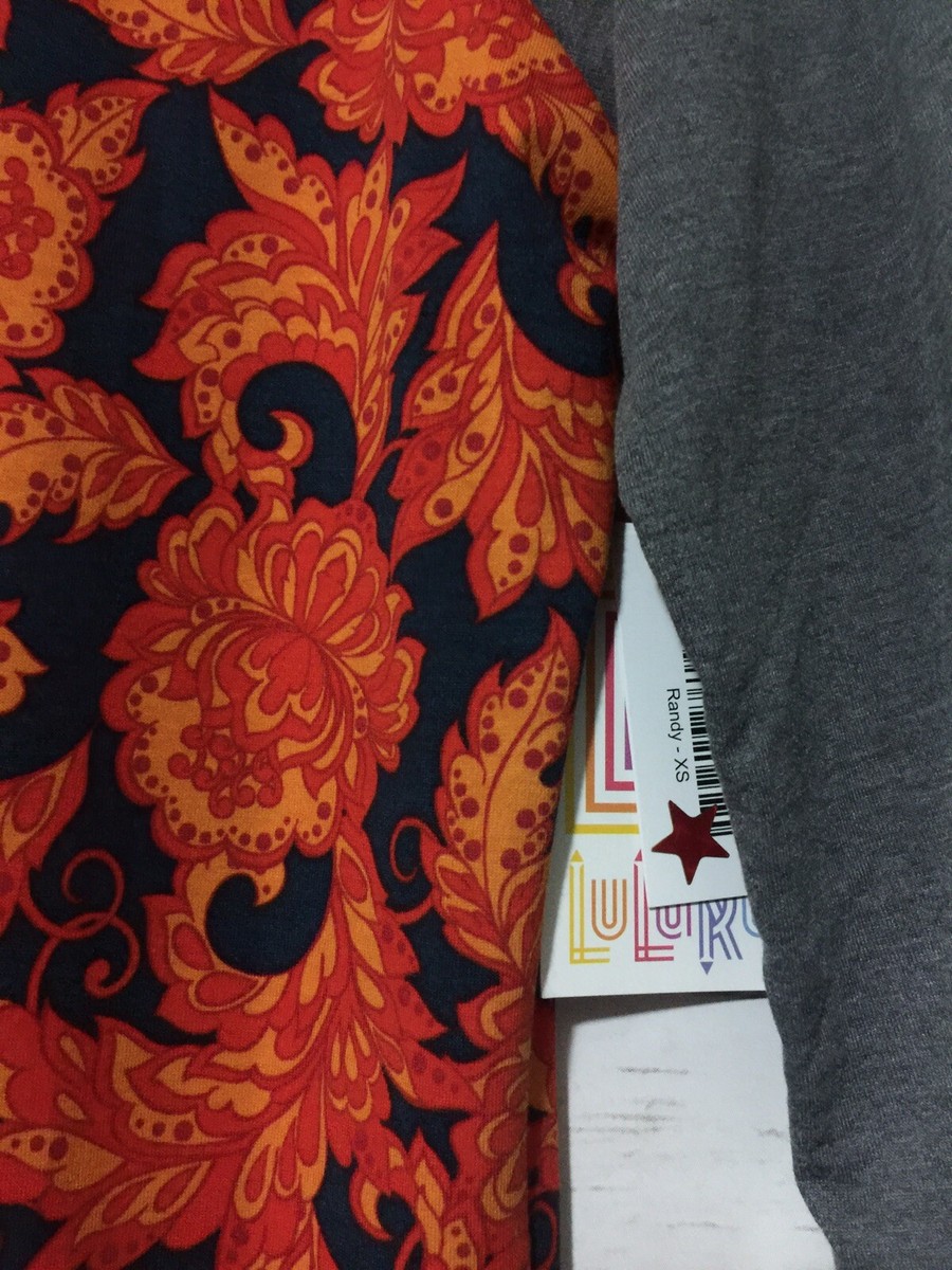Chemise LuLaRoe Randy Taille XS - Manches Grises Motif Floral Rouge Orange - Neuf étiquettes