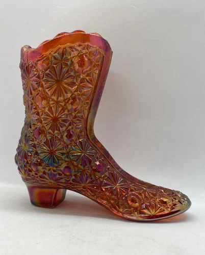 FENTON Art Glass Iridescent Carnival Glass Daisy & Button Boot w/ Logo & Sticker