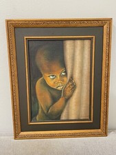 Vtg Blanche Roberts Signed Oil on Canvas Painting The Vigil w/ Young Black Boy