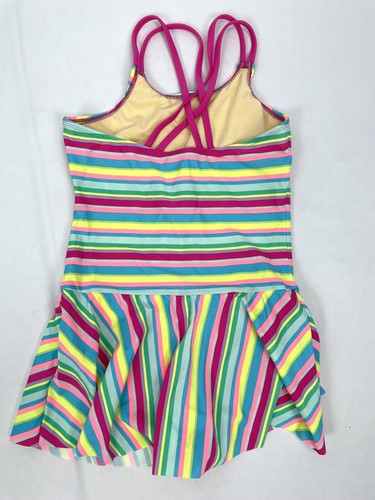 Lands End Girl Sz 14 Striped Pink Green Skirt Dress One Piece Swimsuit Racerback - Picture 2 of 5