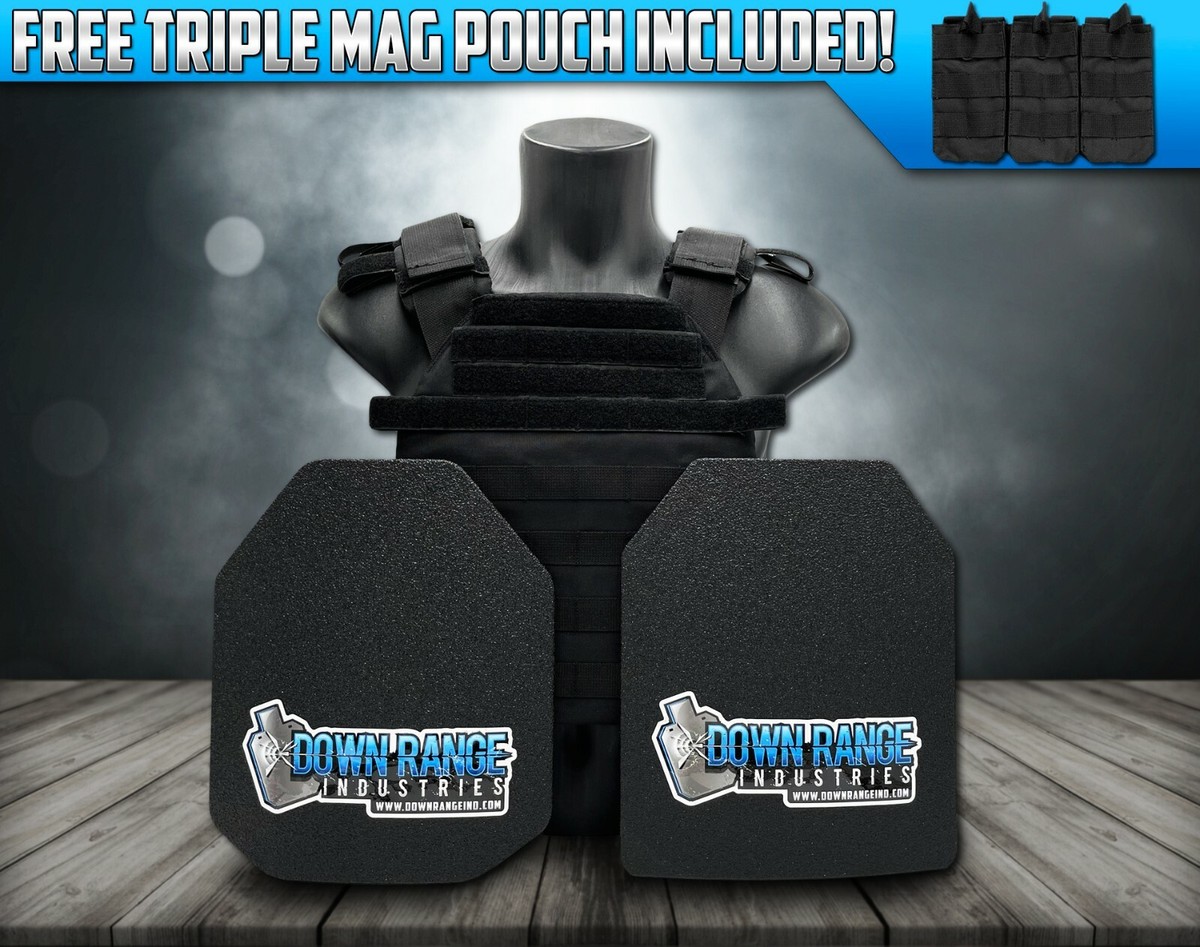 AR500 Level 3 III Body Armor Plates- 11x14 with Molle Vest Carrier