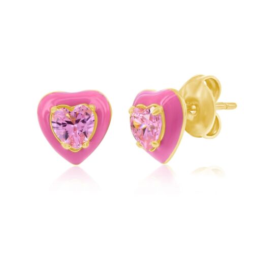 14K Gold Plated Sterling Silver 925 Pink Cubic Zirconia Heart Studs Earrings - Afbeelding 1 van 2