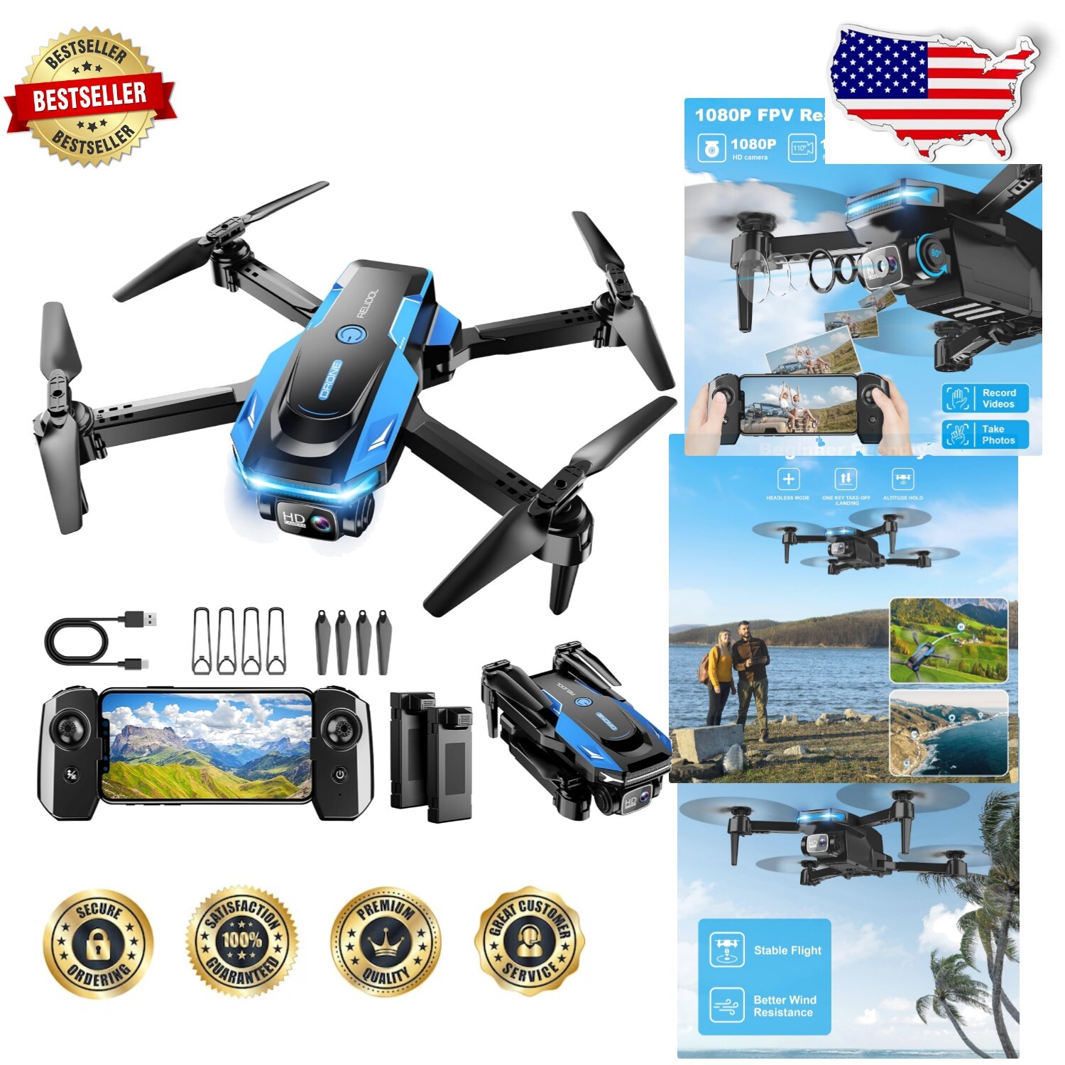 1080P HD Camera Drone for Beginners with Gesture Control 2 Batteries and Safety Features-image