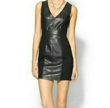 PIPERLIME Dress Black Bodycon V-Neck Edgy Faux Leather Ponte Pullover Women's XS