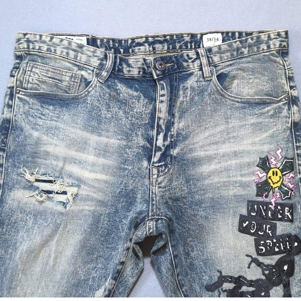 Pantalones de mezclilla con gráficos desgastados SMOKE RISE para hombre 38x34 azules debajo de tu hechizo ropa de calle Foto 2 de 4