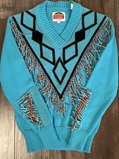 Vintage Miller Outerwear Teal Sweater S  Blue Suede Leather Fringe Beads Western