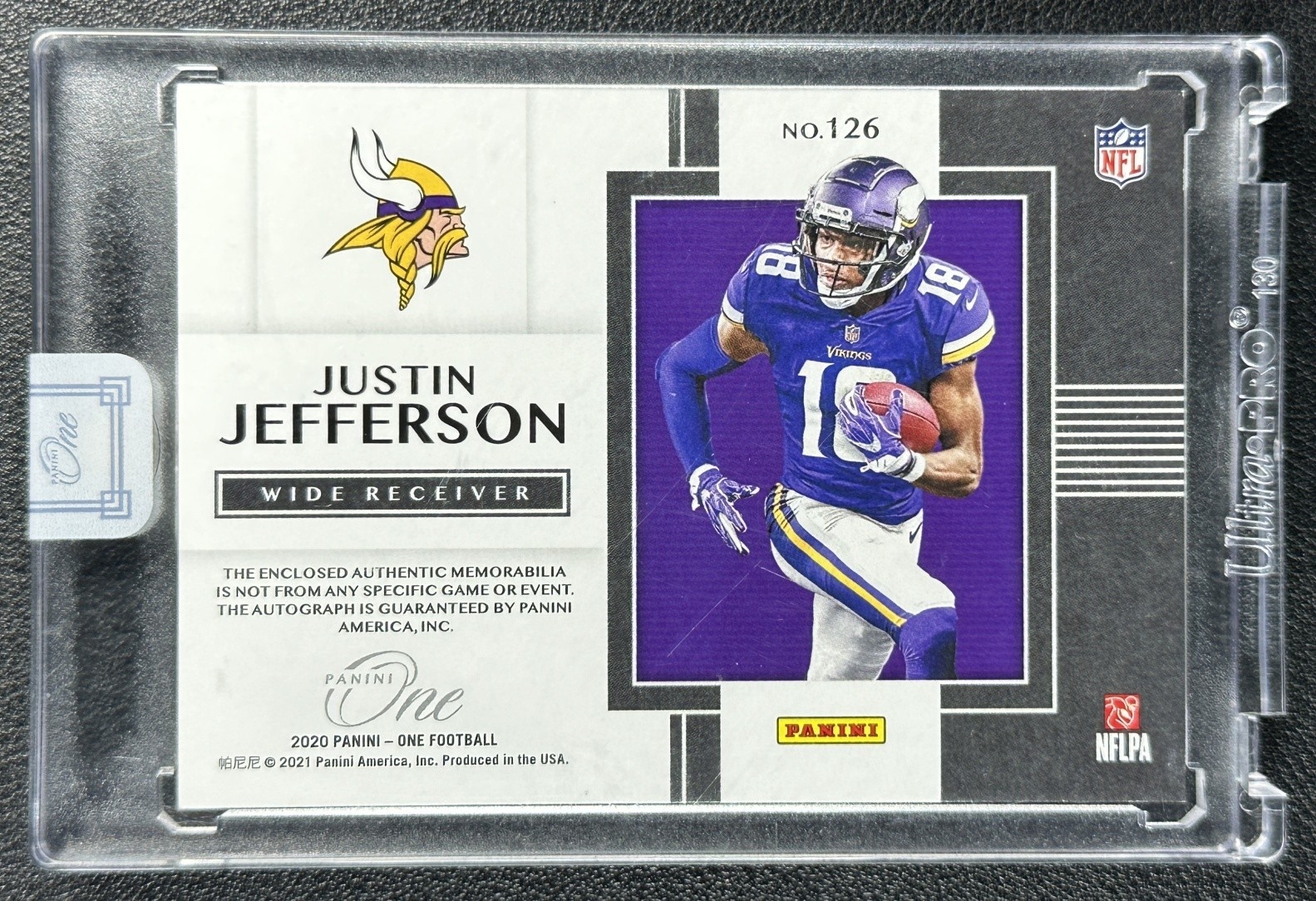 JUSTIN JEFFERSON 2020 PANINI ONE 126 ROOKIE LOGO PATCH AUTO PLATINUM 4/5 VIKINGS view 2