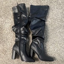 Black Knee High Block Heel Riding Boots with Zipper Comfort Round Toe