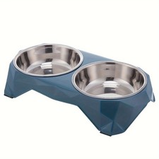 Medium Double Dog Bowl Dark Blue Non Slip Stainless Steel for Food and Water