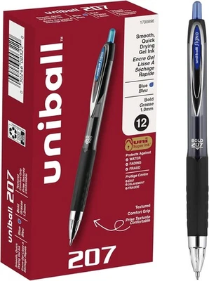 Uni-Ball Signo 207, 12 Pack 1.0mm Bold Blue Gel Pens - Water Resistant, Smoot...