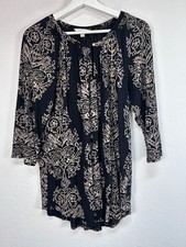 Lucky Brand Womens 1X Black Beige Floral Print Keyhole 3/4 Sleeve Tunic Top
