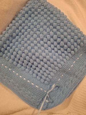Handmade NEW crochet baby blanket Blue With ribbon Afghan 