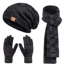 Winter Set Unisex Square Pattern Beanie Scarf Gloves Warm Knit Accessories 3 Pcs