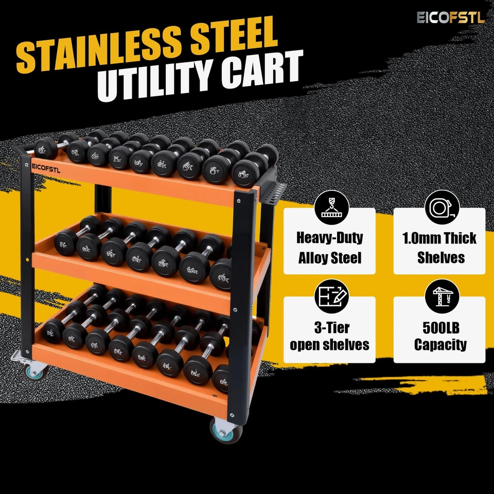 Carro de herramientas de acero inoxidable, carro utilitario de acero de aleación de 3 niveles de alta resistencia con Sc... Foto 2 de 4