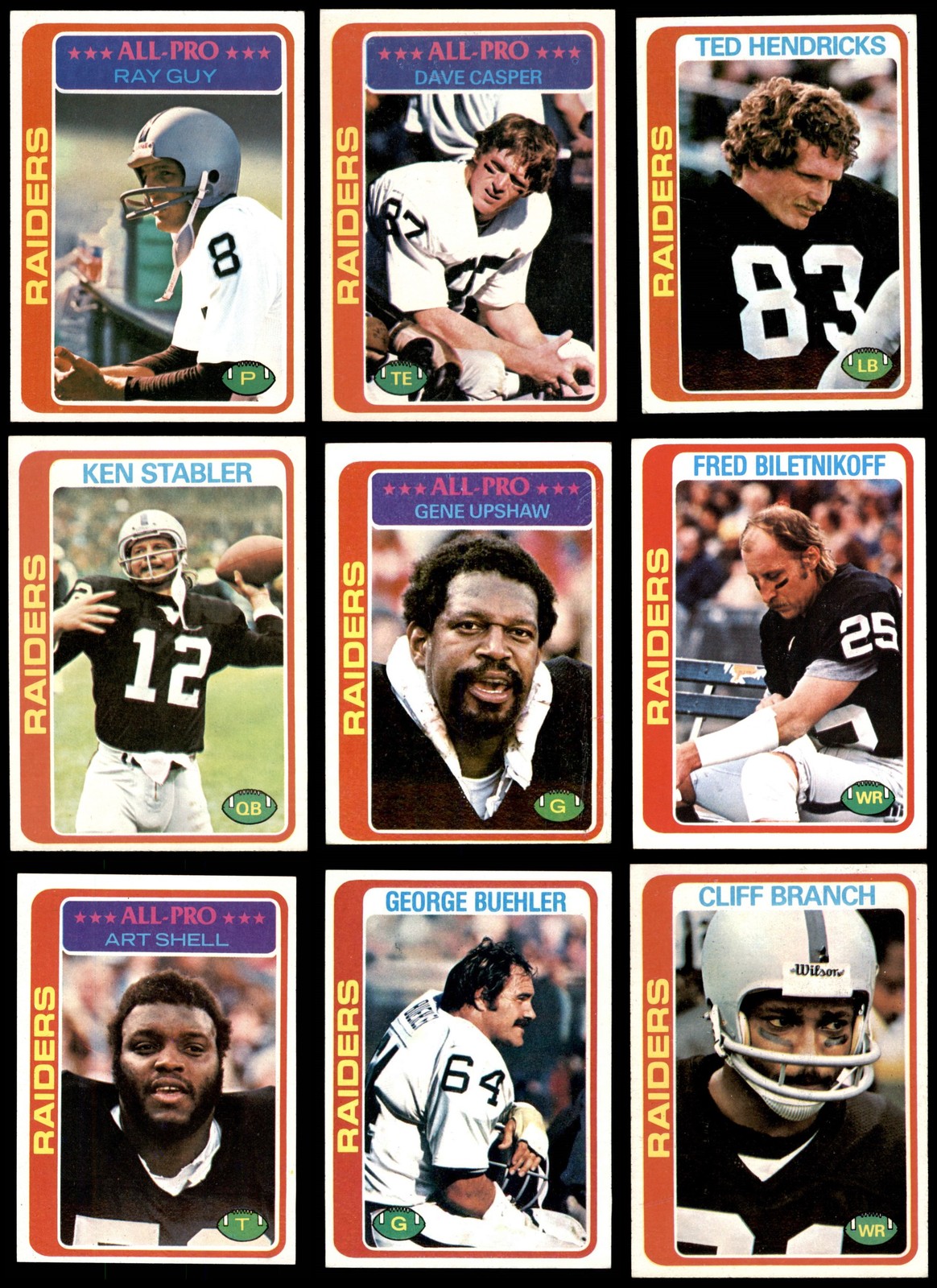 1978 Topps Oakland Raiders Team Set of 7 Cards in Near Mint Condition