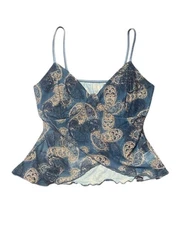 Romwe Top Womens S Blue Fairycore Paisley Printed Mesh Sheer Cami Ruffled Crop