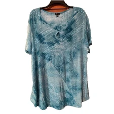 Sami & Jo Blouse Womans Size 3X Turquoise Sequins Keyhole Textured Fairy Sparkle