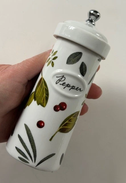 Ceramic pepper mill, peppercorn grinder, 6.5 inches high, white with herb design