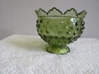 Vtg Fenton Hobnail Green Glass Footed Candle Stick Holder w/ Scalloped Edges