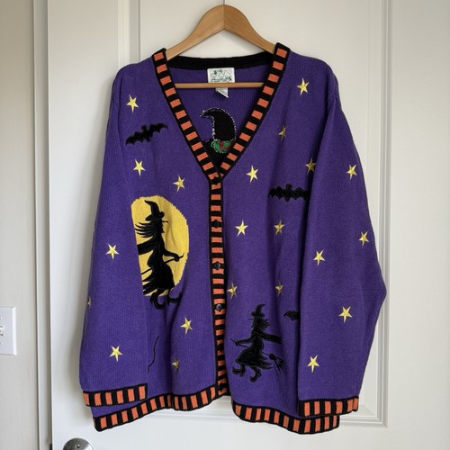 VTG The Quacker Factory Women's Halloween Cardigan Sweater 2X Witch Cat Bats - Picture 2 of 17