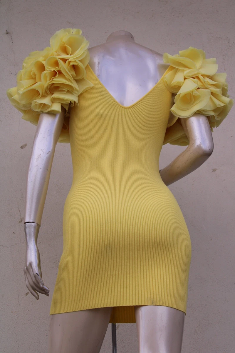 Zara Contrasting Yellow Mini Dress W/ V-neckline and organza short sleeves