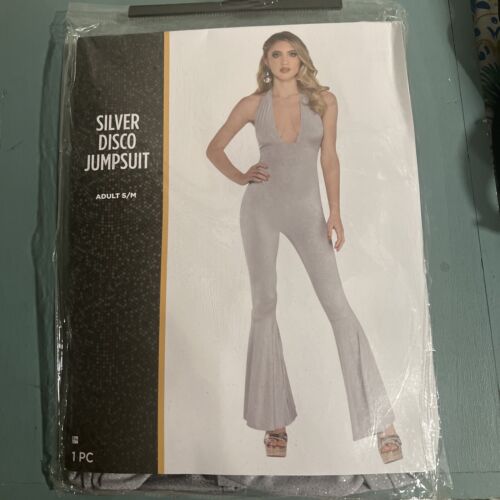 Women’s Disco Jumpsuit Silver Adult 1piece Size S/M New 1970s - Silver