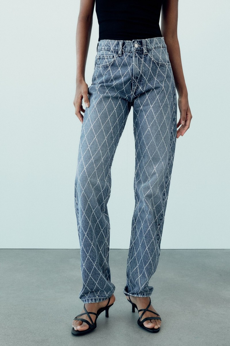 Zara TRF Mid Rise Rhinestone Jeans Beaded Denim Straight Leg