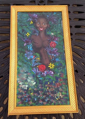 African American portrait painting acrylic Happy Woman in Garden 15" x 27" frame