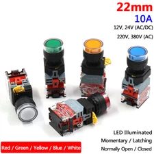 22mm Illuminated Push Button Switch Momentary Latching 10A 12V-380V ON/OFF NO NC