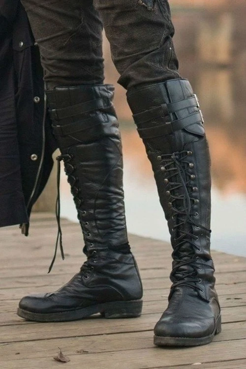 Vintage Medieval Men's Boots Shoes Winter Knee High Boots Cross Strap Lace Up - Image 2 of 4