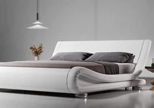 King Deluxe Low Profile Sleigh Bed with Faux Leather Ergonomics Headboard, White