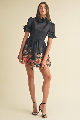 knee length dresses for ladies High Neck Keyhole Floral Swing Dress main image 1