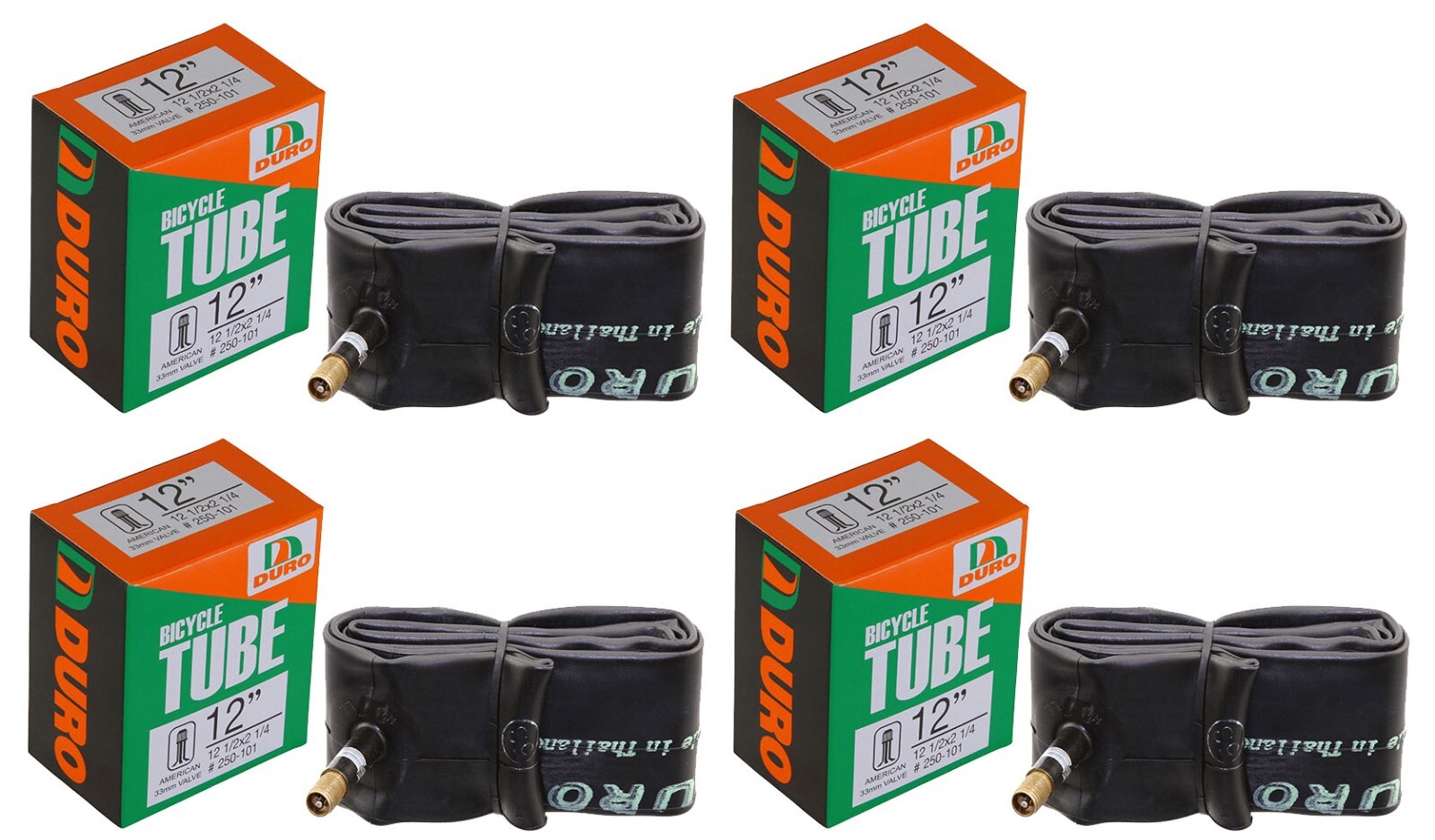 4 (FOUR) DURO BICYCLE 12" 1/2 X 2 1/4 TUBE 33MM STANDARD SCHRADER/AMERICAN VALVE
