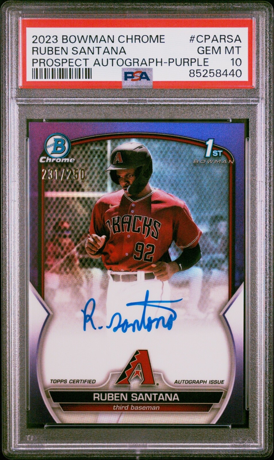 2023 Bowman Chrome 1st Prospect Ruben Santana Purple Refractor Auto /250 PSA 10