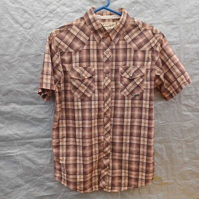 Coastal Shirt Medium Mens Brown Plaid Pearl Button Short Sleeve Double Pocket 