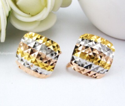 Pure 18K Yellow/Rose Gold Dangle Lucky Square Dangle Earrings Women